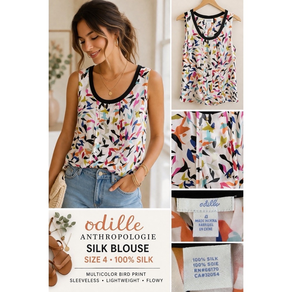 Odille Silk Blouse Women 4 Multicolor Excellent Bird Print Pleated Sleeveless